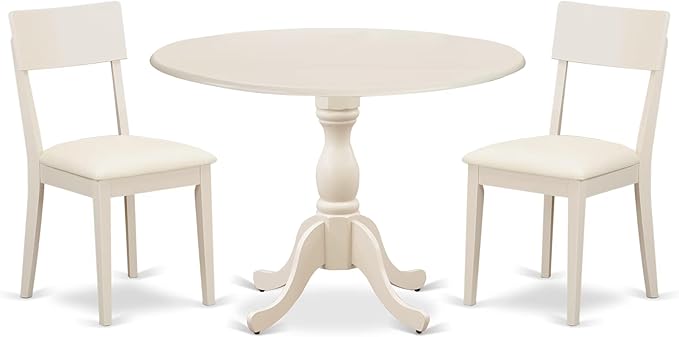 East West Furniture DMAD3-LWH-LC 3 Piece Dinette Set for Small Spaces Contains a Round Dining Table with Dropleaf and 2 Faux Leather Dining Room Chairs, 42x42 Inch, Linen White
