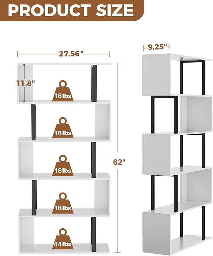 Gadroad 5 Tier Geometric Bookcase,S Shaped Bookshelf, Wood Decorative Storage Shelving, Modern Freestanding Display Shelves, Tall Book Shelf Unit for Living Room Bedroom, White
