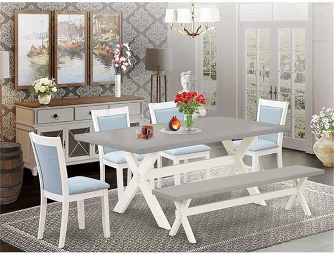 East West Furniture X097MZ015-6 6 Piece Dining Room Table Set Contains a Rectangle Kitchen Table with X-Legs and 4 Baby Blue Linen Fabric Parson Chairs with a Bench, 40x72 Inch, Multi-Color
