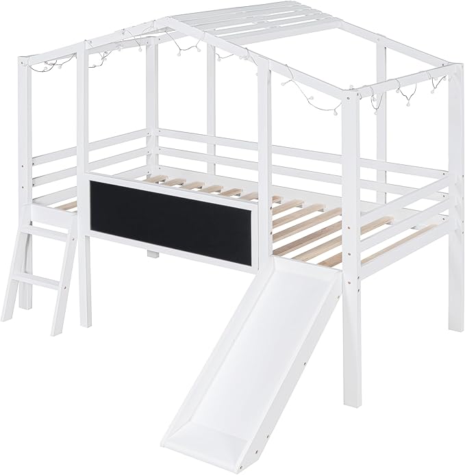 Ball & Cast Twin Size House Loft Bed with Ladder and Slide,Wood Bunkbed w/Blackboard and Light Strip on The Roof,Slat Support,Space Saving,Bedroom Furniture for Student Dorms,White