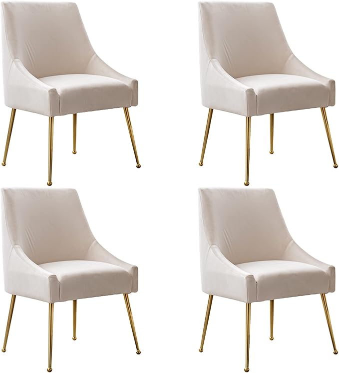 Modern Velvet Dining Chairs Set of 4, Contemporary Upholstered Furniture Collection with Polished Gold Metal Legs, Elegant Accent Chairs for Kitchen Living Room(White)