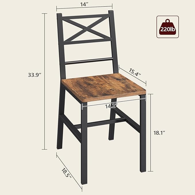 Dining Chair Set of 4, Rustic Wooden Kitchen Chairs with Backrest, Farmhouse Dining Chairs for Kitchen, Industrial Style Chair with Metal Frame, Easy Assembly, Rustic Brown TBHR1001S4