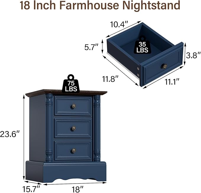 Nightstand with 3 Drawers, Rustic Night Stand 18' Wide Side Table with Storage, Mid-Century Modern Couch End Table with Vintage Handles, Small Dresser for Bedroom, Living Room, Indigo Blue