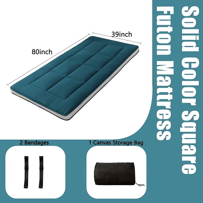 MAXYOYO Futon Mattress, Padded Japanese Floor Mattress Quilted Bed Mattress Topper, Extra Thick Folding Sleeping Pad Breathable Floor Lounger Guest Bed for Camping Couch, Bluestone, Twin Size