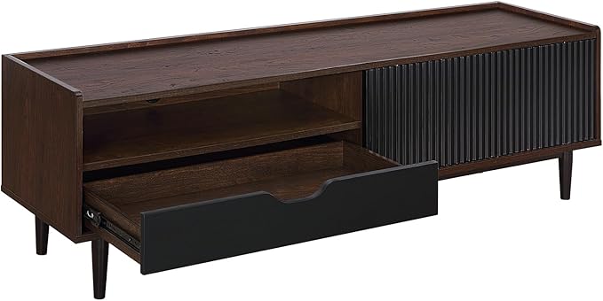 Manhattan Comfort Duane Modern Ribbed 55 Inch TV Stand with 1 Drawer, 2 Shelves, Sliding Door, and Wire Management, Mid-Century Style Entertainment Center and Media Console for Living Room, Black