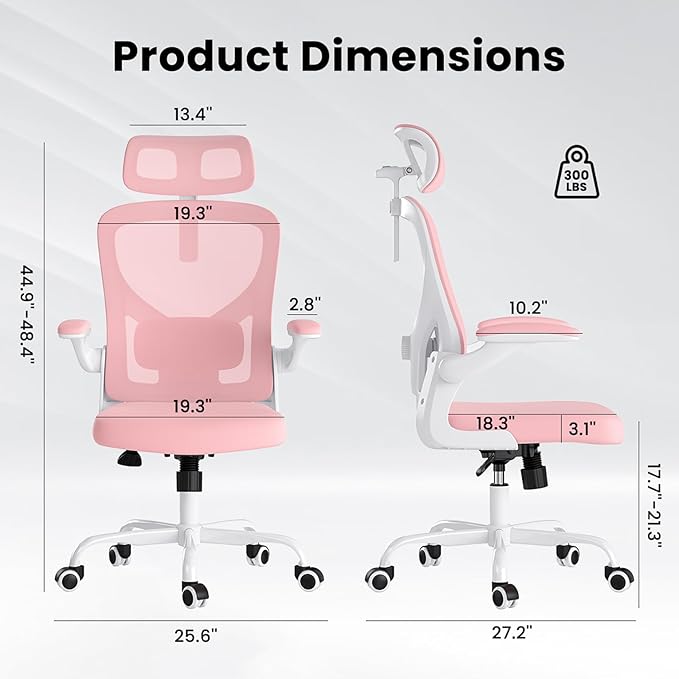 Ergonomic Office Chair, Comfy Home Office Chair High Back Computer Chair with Headrest, Adjustable Back Support, Flip-Up Arms, 90-120° Tilt and Wide Cushion, Up to 300lbs, Pink+White