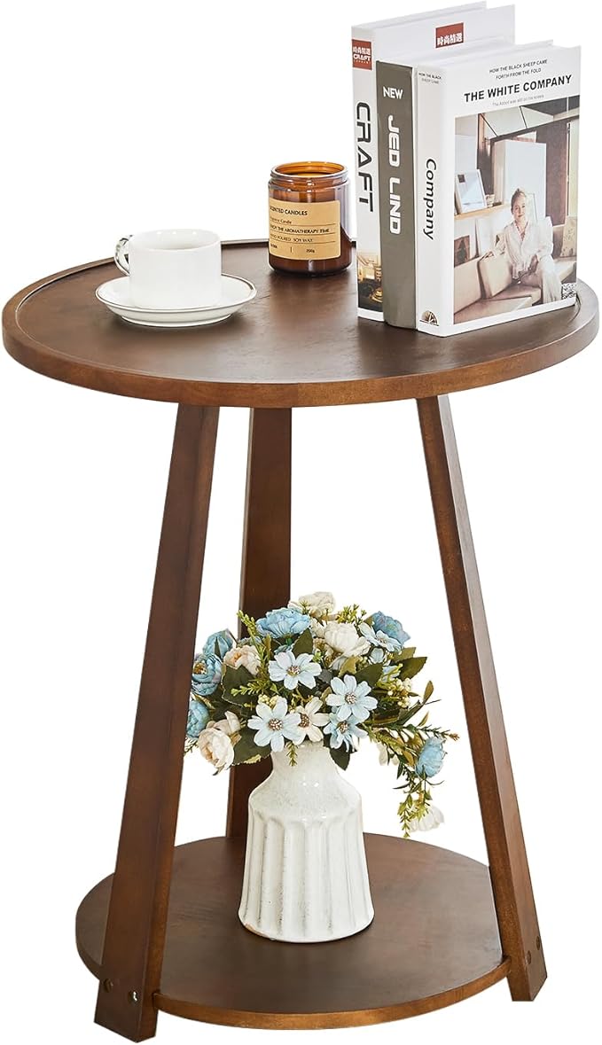 CozyDH Round End Table Living Room, Side Table with Lower Shelf Bedroom, Solid Rubberwood Night Stand with Storage Space, Sofa Couch Table Walnut
