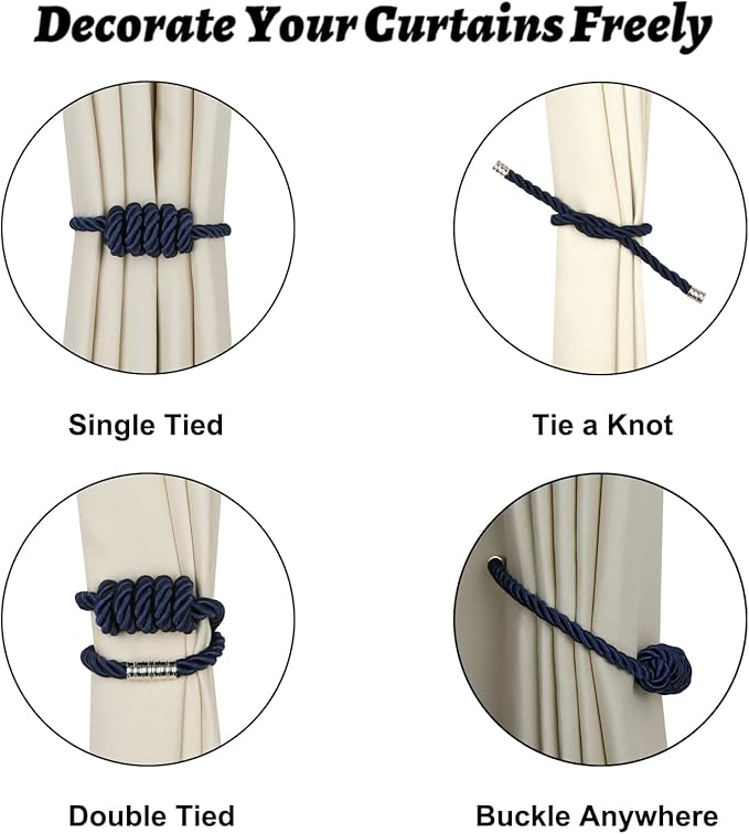 BEL AVENIR Magnetic Curtain Tiebacks, Decorative Drapery Holdbacks Modern Woven Tie-Backs with Exquisite Knot (Navy, 6 Pack)