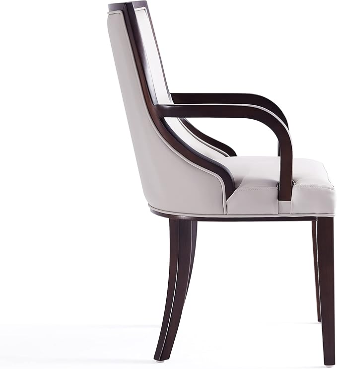 Manhattan Comfort Grand Faux Leather Dining Chair with Arms, Padded Wingback Seat, Fine Rectangular Stitching and Solid Wood Frame, Set of 1, Light Grey