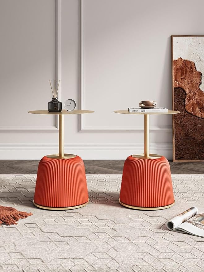Manhattan Comfort Anderson Modern 15.75" Round End Tables 1.0 - Elegant Leatherette Upholstered Base with Pleated Design & Gold Steel Tabletop, Fully Assembled Accent Furniture, Set of 2, Orange