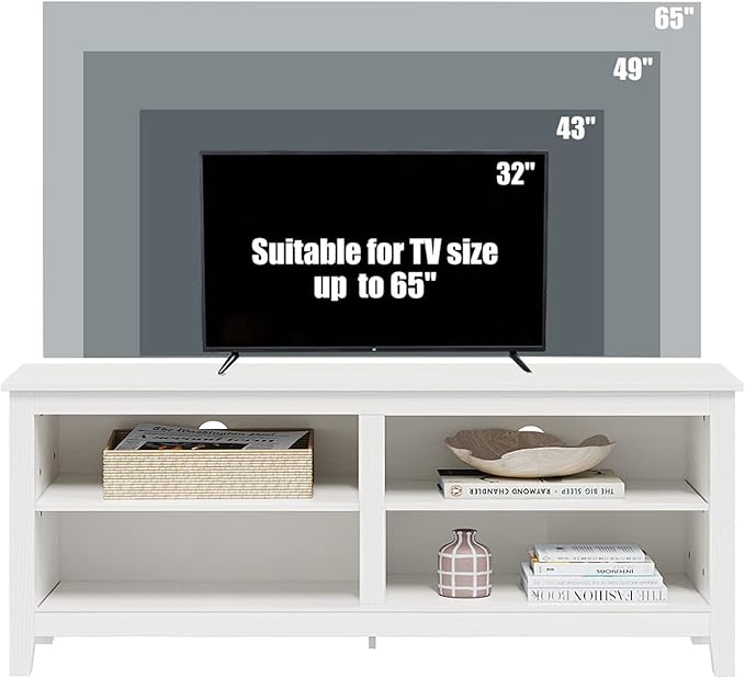 Modern TV Stand for 65 inch TV, White Wood TV Cabinet with 4 Open Storage Shelves, Fits 50-65 Inch TVs, 55 Inches W x 15 Inches D x 22.8 Inches H