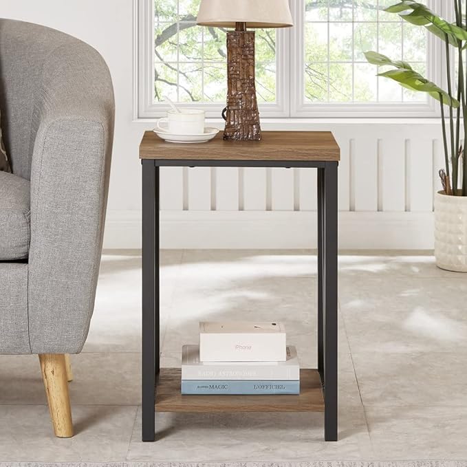 FOLUBAN Side Table with Storage Shelf, Rustic End Table for Living Room, Wood and Metal Nightstand for Bedroom, Oak