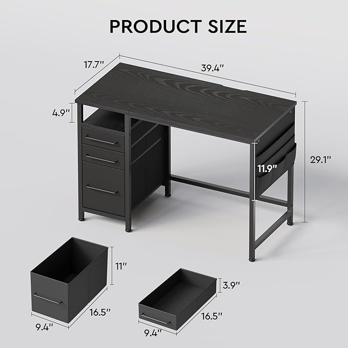 Ｍａｉｈａｉｌ Maihail Small Desk with Drawers, 40 inch Computer Desk with Shelves, Writing Desk with Storage, Small Office Desk with Metal Frame, Black