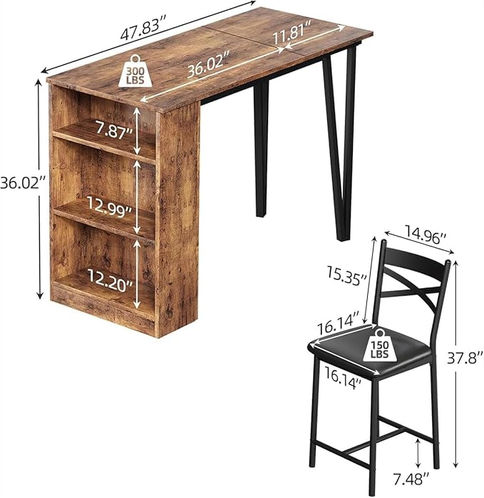 GAOMON 3 Piece Bar Table Set for 2, Bar Table and Chairs Set with with Flip Top Extension, Dining Table Set with Storage Shelves, Suitable for Small Space Kitchen Apartment, Brown
