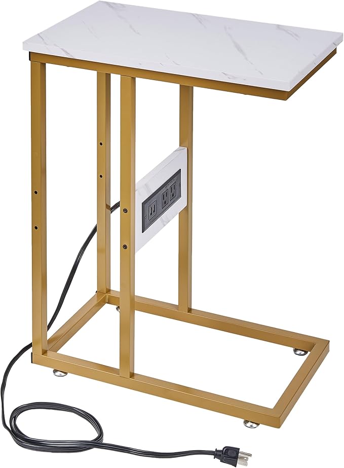 VECELO C Shaped End Side Table with Charging Station & Power Outlets for Couch Sofa/Bed Snack TV Tray with Metal Frame for Living Room Bedroom 1 Set, Gold