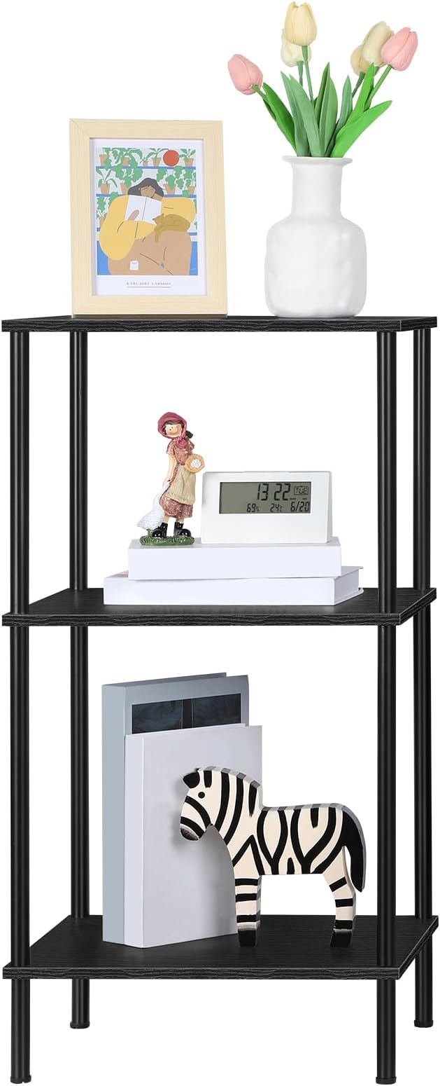 Tall Side Table with Storage 3 Tier Black End Table Metal Storage Shelves for Living Room Bedroom Bathroom Small Slim Table for Office