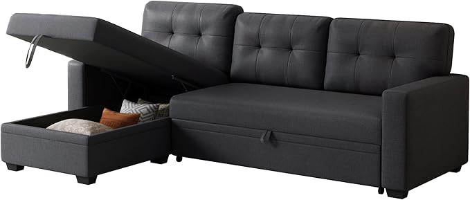 Ball & Cast Convertible Sectional Sleeper Sofa Bed L Shaped 4 in 1 Pull Out Couch with Reversible Storage Chaise & Removable Back Cushions,Sleeper Corner Pull Out Sofa Bed Couch for Living Room,Office