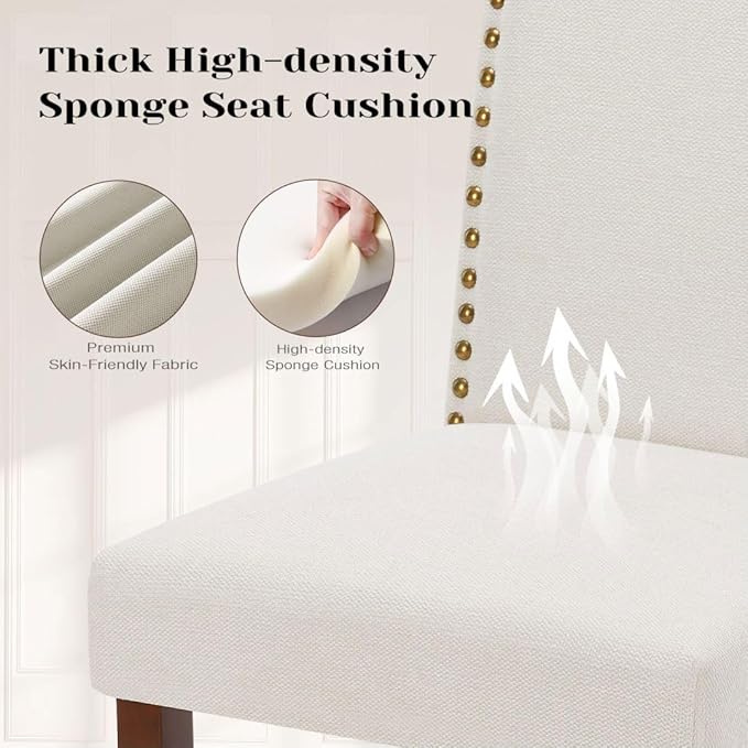 Kitchen Chairs Set of 4 Modern Upholstered Fabric Seat with Nailhead Trim and Ergonomic Lumbar Support for Living Room and Rustic Farmhouse Dining Area, Beige