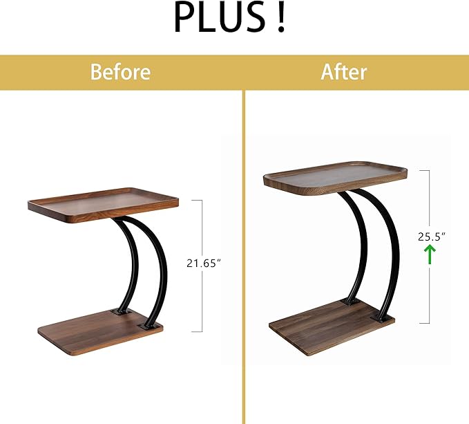 C Shaped 2tier Large Tray Wood top Heavy Duty Side end Table Large TV Tray for Couch Sofa Double Bent Tubes 2