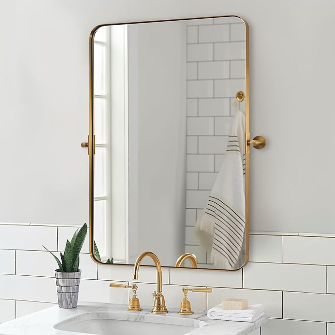 MOON MIRROR 20" x 28" Brushed Gold Metal Framed Pivot Rectangle Bathroom Mirror for Wall, Tilting Rounded Rectangular Vanity Mirror Hangs Vertical only