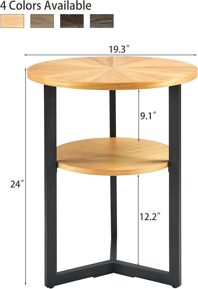 LEEMTORIG Round Side Table, High End Table Nightstand with Metal Legs, Modern Bedside Table with 2 Tier for Living Room, Bedroom, Office, Natural Wood Color/Black, 19.3 x 19.3 x 24 inches BZ-1338-OA