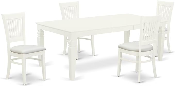 East West Furniture LGVA5-LWH-C 5 Piece Dining Set Includes a Rectangle Dining Room Table with Butterfly Leaf and 4 Linen Fabric Upholstered Kitchen Chairs, 42x84 Inch, Linen White