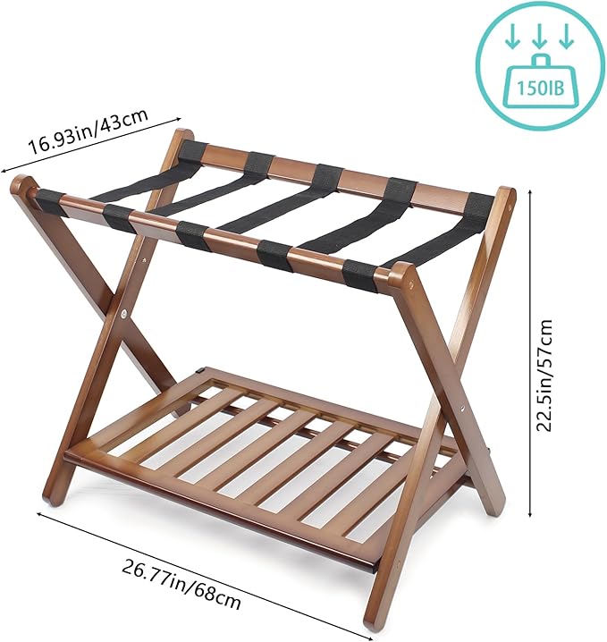 Fully Assembled Walnut Luggage Racks Set of 2, 5 Nylon Straps Folding Suitcase Stand, Bamboo Luggage Stands with Storage Shelf, Ideal for Guest Room, Bedroom, Hotel