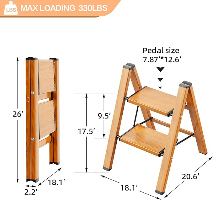 2 Step Ladder, Aluminum Lightweight Folding 2 Step Stool with Anti-Slip Wide Pedal,330lbs Capacity Steel Ladder for Household and Office(Woodgrain)
