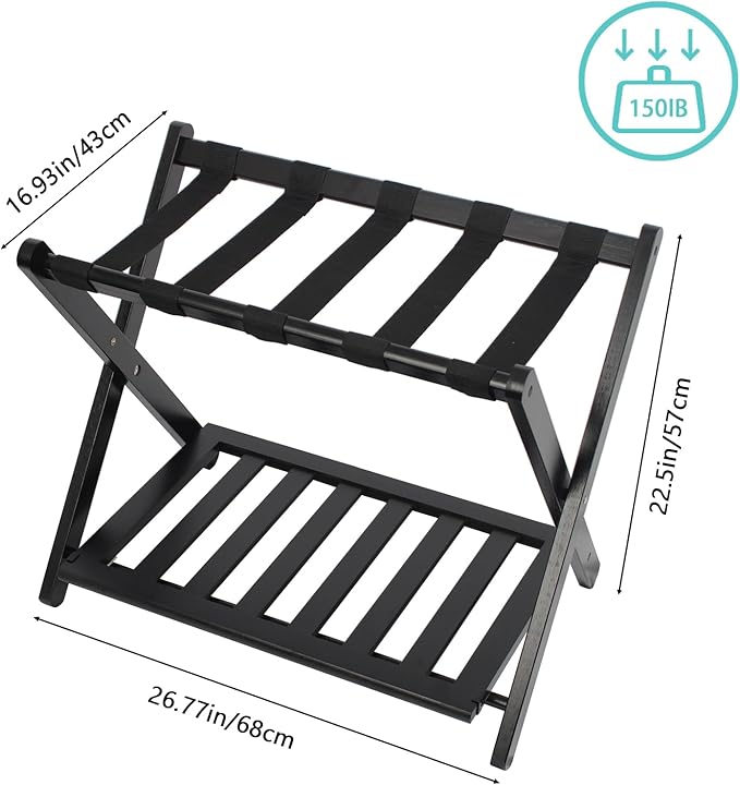 Fully Assembled Black Luggage Rack, Suitcase Stand with Shoe Shelf, Folding Wooden Luggage Stand for Guest Room, Bedroom, Hotel