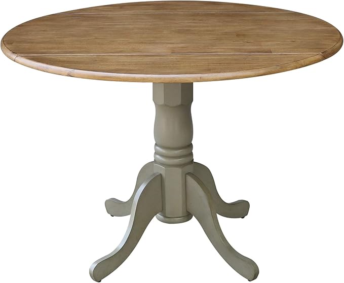 IC International Concepts, 42" Round Dual Drop Leaf Pedestal Dining Table, Solid Real Wood, Sturdy Parawood, Distressed Hickory/Stone