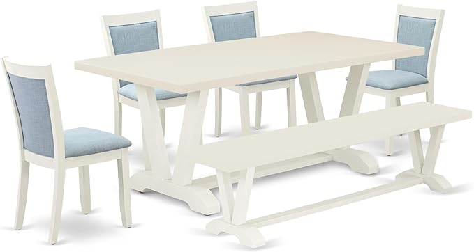 East West Furniture V027MZ015-6 6 Piece Dining Table Set Contains a Rectangle Dining Room Table and 4 Baby Blue Linen Fabric Parson Chairs with a Bench, 40x72 Inch, Multi-Color