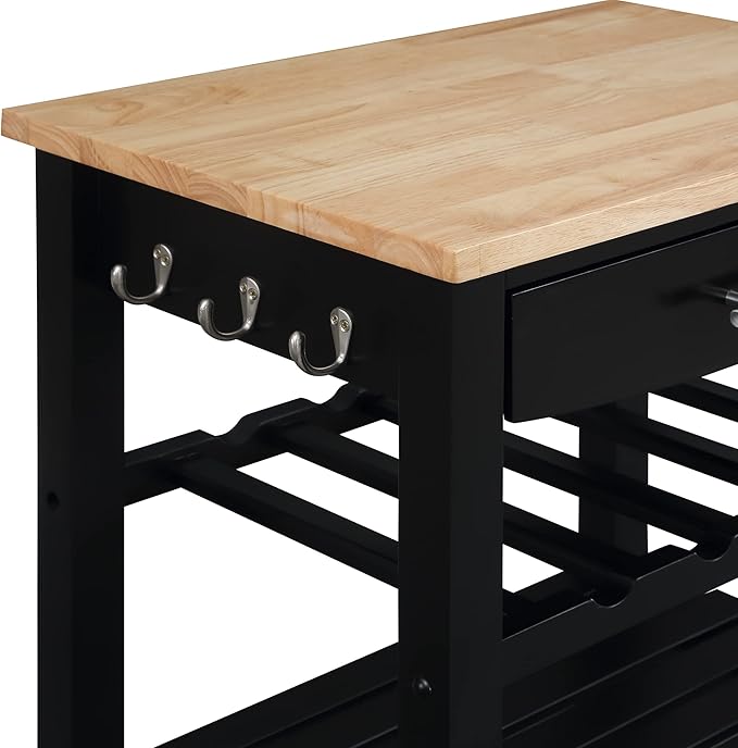 Convenience Concepts Ellaine 4 Tier Kitchen Cart with Drawer and Wine Rack, 24.75", Black/Butcher Block