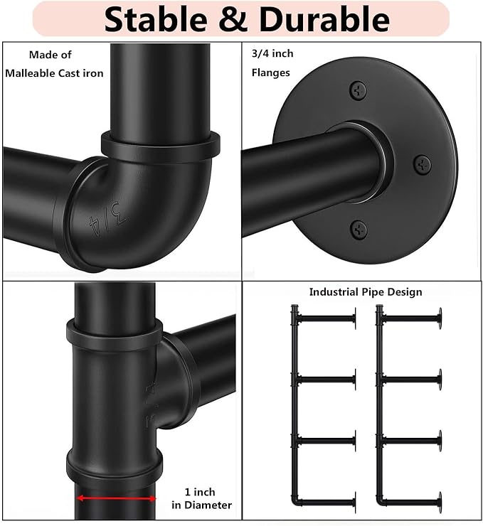 Industrial Pipe Shelf Brackets Wall Mount,Open Black Pipe Shelving for Kitchen,Floating Shelf Brackets Mount,Open Bookshelf Brackets for Shelves,Wall Shelves 12 Inch Deep,(2PcsX4Tier,47" Tall)