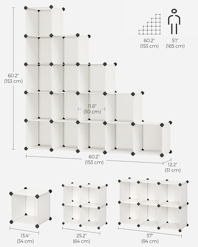 SONGMICS Cube Storage Organizer, Set of 16 Plastic Cubes, Closet Organizers and Storage, Room Organization, Bedroom Living Room, 12.2 x 48.4 x 48.4 Inches, Cream White ULPC442M01