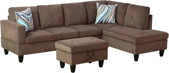 NicBex Sectional Couch 3 Pieces Sofa Set with Left Chaise Corduroy L Shaped Cloud Couch for Living Room Furniture Sets with Storage Ottoman, Modular Sofa for Living Room & Apartment, Brown