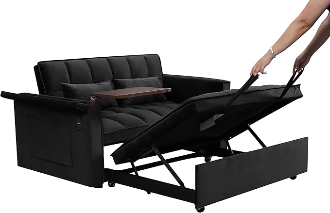 Ball & Cast 55" 3 in 1 Sleeper Sofa Bed Velvet Upholstered Pull Out Couch with Adjustable Back & 2 Pillows,Convertible Futon Sofa Bed W/Hidden Side Table,Side Pocket & USB Port,for Living Room,Black