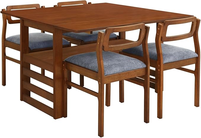 Drop Leaf Dining Table with Chairs Set of 4, 5-Piece Farmhouse Rectangular Dining Room Table with 4 Upholstered Solid Wood Chairs, Extendable Kitchen Tables for Small Place, Brown Rubber Wood