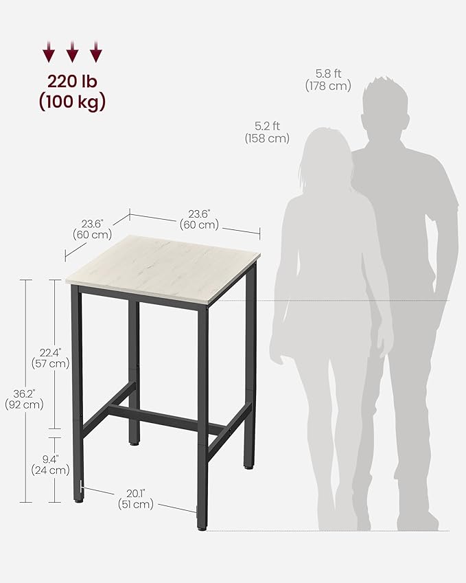 VASAGLE Bar Table, Small Kitchen Dining Table, High Top Pub Table, Height Cocktail Table for Living Room Party, Sturdy Metal Frame, 23.6 x 23.6 x 36.2 Inches for Narrow Spaces, Vintage White and Black