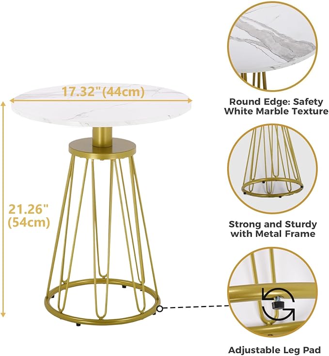Round End Table Set of 2, Small Side Table for Living Room, Bedroom, Modern Side Tables for Small Spaces, Sofa Couch Table with Metal Frame Legs, Easy Assembly(Gold and White)