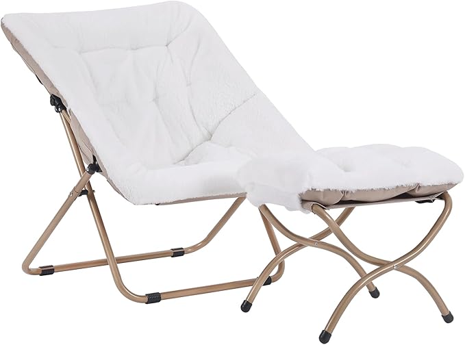 Saucer Chair with Ottoman, Comfy Bedroom & Living Room Chairs, Foldable Metal Frame Chair (White)