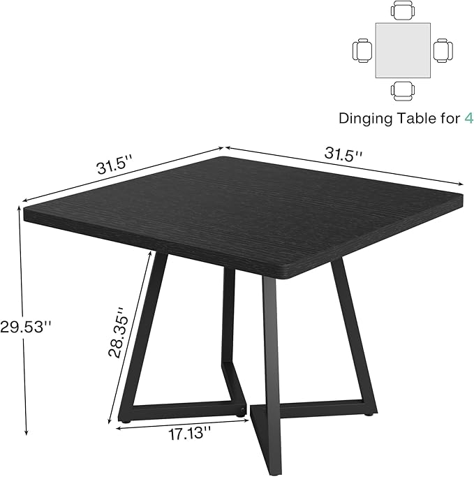 Tribesigns Square Dining Table for 8, 31.5" Industrial Dinner Table with Metal Base, Kitchen Table for Dining Room, Small Space, Apartment, Black
