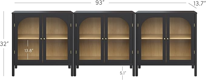 Nathan James Mason Storage Cabinet Accent Sideboard Buffet Credenza TV Stand with Glass Doors and Adjustable Shelf in Black Wood for Dining Room, Entryway and Living Room, Clear Glass/Black, Set of 3