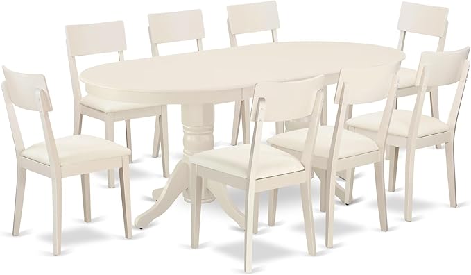 East West Furniture VAAD9-LWH-LC 9 Piece Kitchen Table & Chairs Set Includes an Oval Dining Room Table with Butterfly Leaf and 8 Faux Leather Upholstered Chairs, 40x76 Inch, Linen White