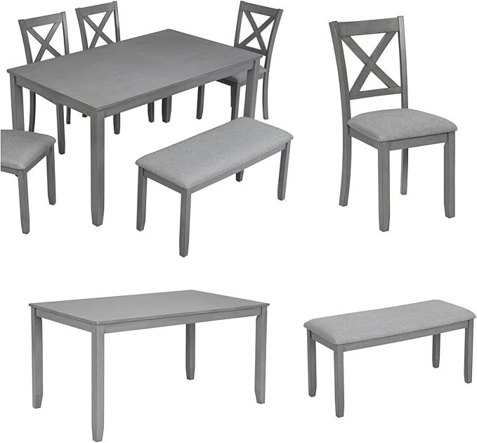 Dining Table Set, 6-Piece Kitchen Table & Chair Set with Rectangular Dining Table, 4 Upholstered X-Shaped Backrest Chairs and a Bench, Wooden Dining Table Set for 6 People, Gray