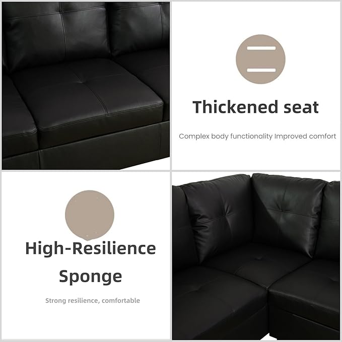 L Shaped Sectional Couches for Living Room, Modular Sectional Sofa with Ottoman Storage, Modern Comfy 4 Seat L Shaped Couch with Chaise for Bedroom Apartment Furniture, Black