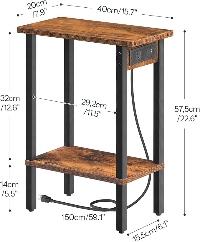 HOOBRO Small End Table with Charging Station, Narrow Side Table with USB Port and Outlets, Skinny Sofa Table, Slim Nightstand, Living Room, Bedroom, Rustic Brown and Black BF240UBZ01