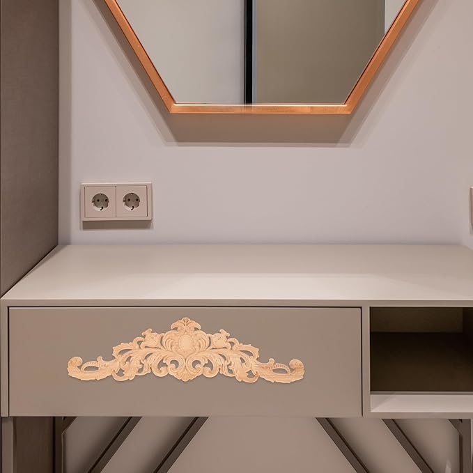 BESPORTBLE Wood Applique Onlay - Long Carvings Overlays Decor, Unpainted Wooden Carved Corner Decals, Retro Carvings Embellishments for Drawers Door Cabinet Mirror Dresser Euro Furniture
