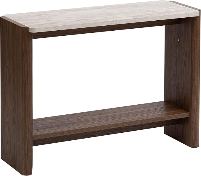 COSIEST 43.3" Farmhouse Console Table for Entryway, 2-Tier Sofa Table with Faux Stone Grain Top, Slim Accent Table for Hallway, Behind Couch, or Living Room, Brown Wood Look