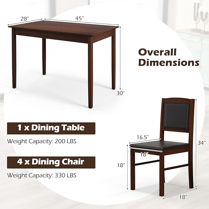 Giantex 5-Piece Dining Table Set for 4 - Breakfast Nook Table Set with Kitchen Table, 4 Upholstered Chairs, Wood Legs, Space-Saving Dinette Set, Kitchen Table Chairs Set of 4 (Cherry Brown)