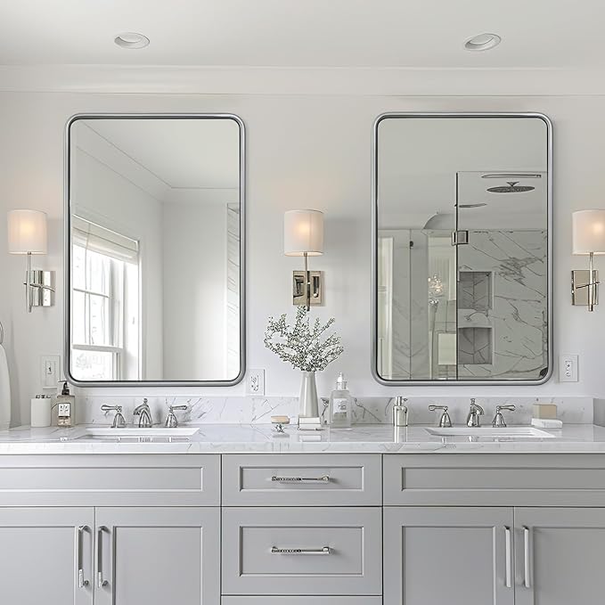 ANDY STAR 24x36 Brushed Nickel Bathroom Mirror, Stainless Steel Metal Frame with Rounded Corner Rectangle Bathroom Mirror for Over Sink, Modern Silver Mirror for Bathroom, Power Room, Living Room